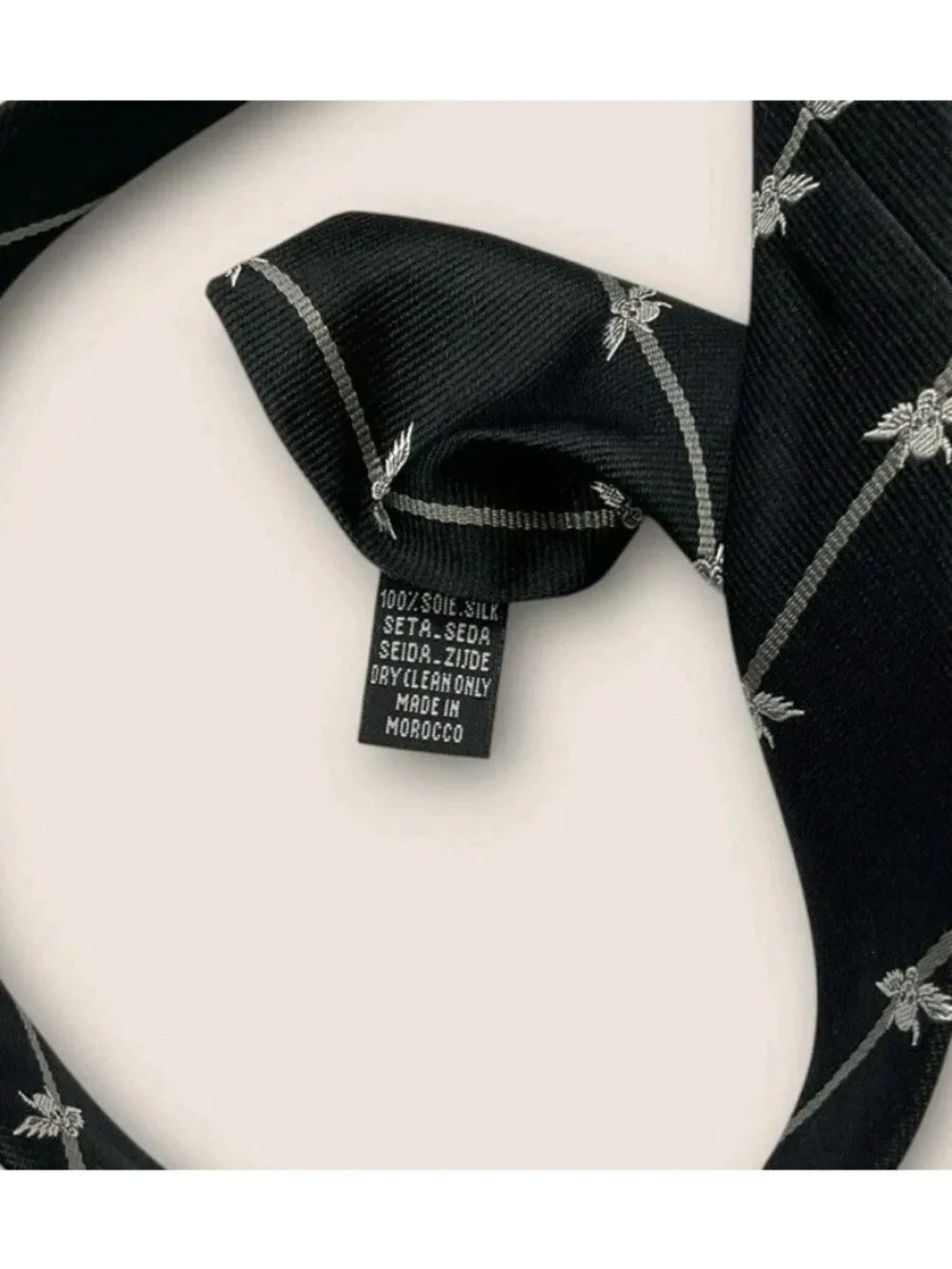 THOMAS PINK Silk Tie Black Gray White Striped Skull Wings W:3.4